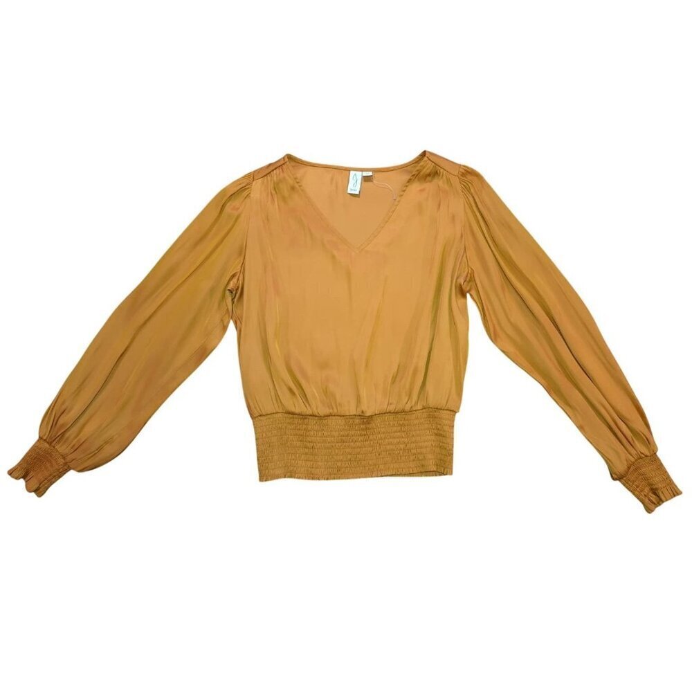 Joie Mustard Yellow V-Neck Blouse Womens S Long Sleeve Smocked Waist NWOT